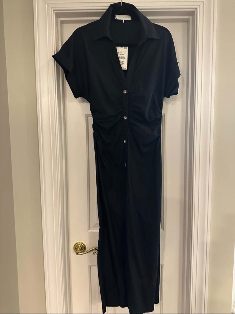 Black Ruched Button-Front Midi Dress